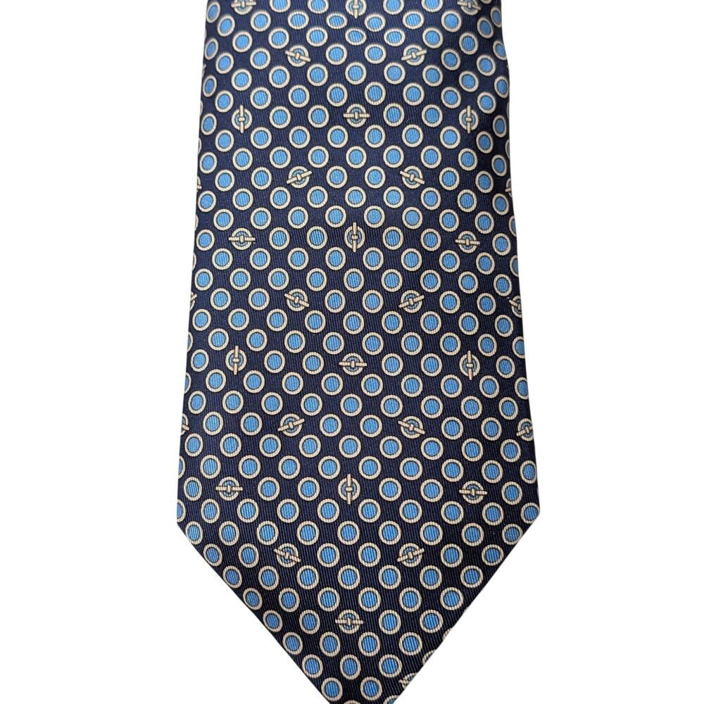 Vintage Hermès 100% Silk Men's Blue Tie With Blue Geometric Designs W Tie Caddy